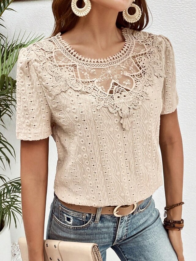 Women's T Shirt Lace Patchwork Plain Fashion Modern Casual