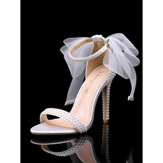 Wedding and White Embellished Bow with Pearl Women's Heels
