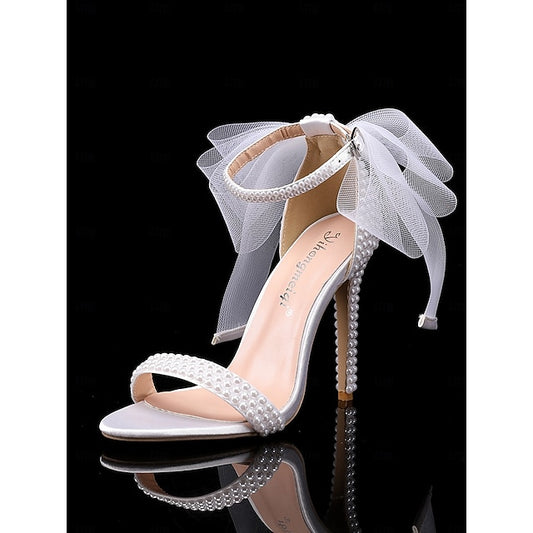 Wedding and White Embellished Bow with Pearl Women's Heels