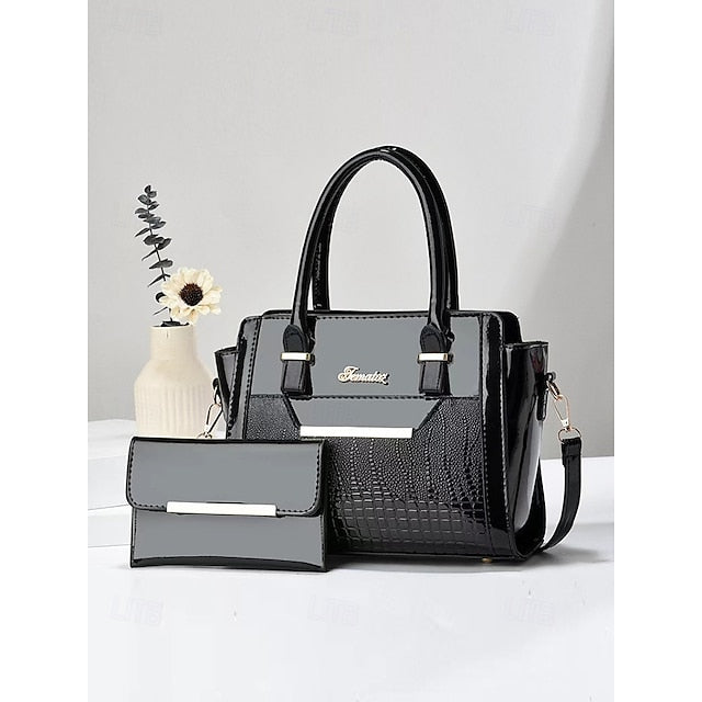 Set – Patent Handbag Women's Glossy Faux Leather