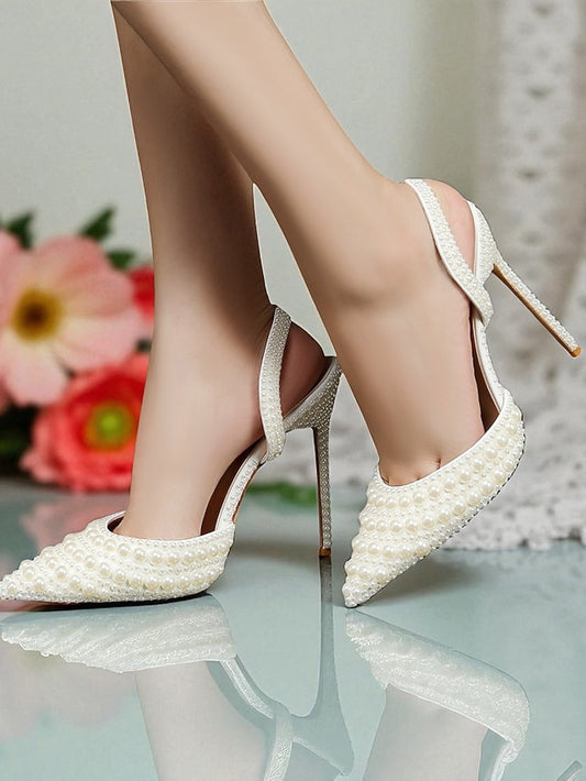Women's - Heels Pearl-Embellished Slingback White Leather