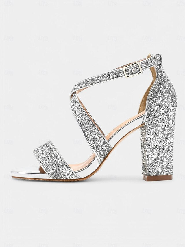 Block Gold Glitter Sandals Women's Heel