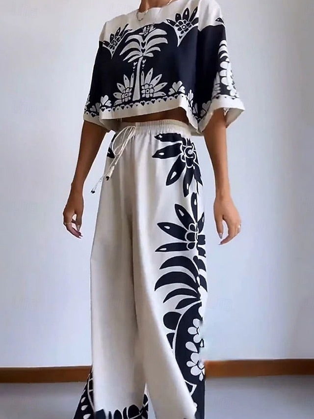 Women's Blouse Wide Leg Pants 3/4 Length Sleeve Crew Neck