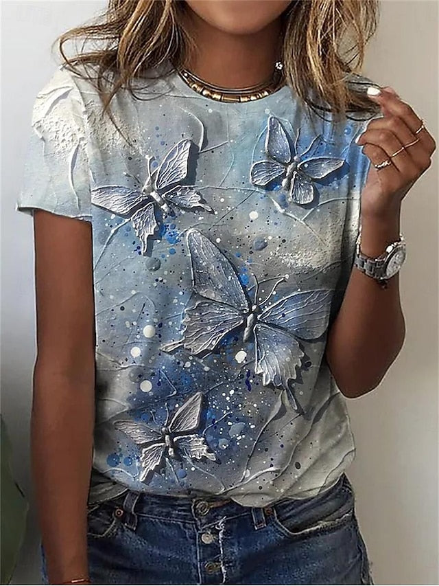 Women's T Shirt Butterfly Fashion Modern Short Sleeve Crew