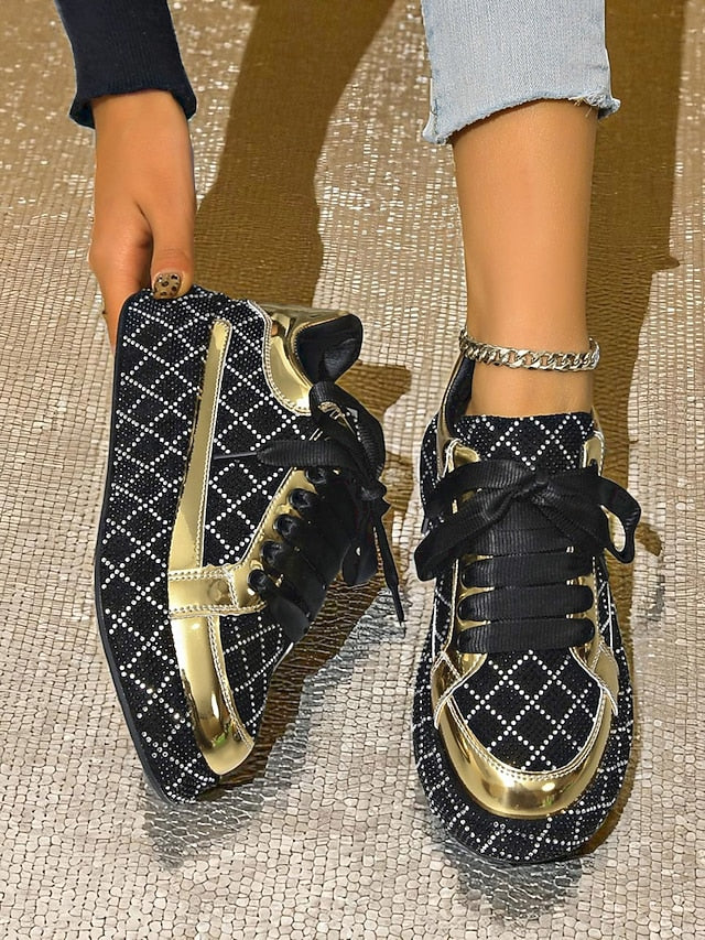 Silver Black Women's Rhinestone Quilted Sneakers - and