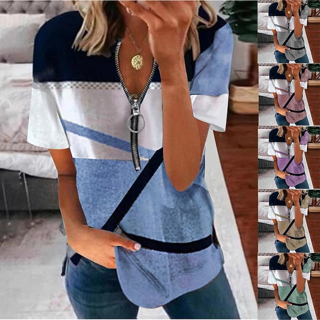 Women's T Shirt Tee Top Zipper Print Geometric Fashion