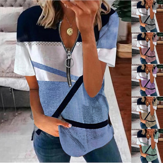 Women's T Shirt Tee Top Zipper Print Geometric Fashion