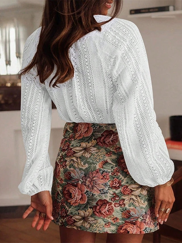 Women's Shirt Dressy Tops Hollow Out Buttons Plain Elegant