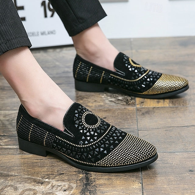 Black Spiral Men's Loafers Studded - Velvet Shoes Prom with
