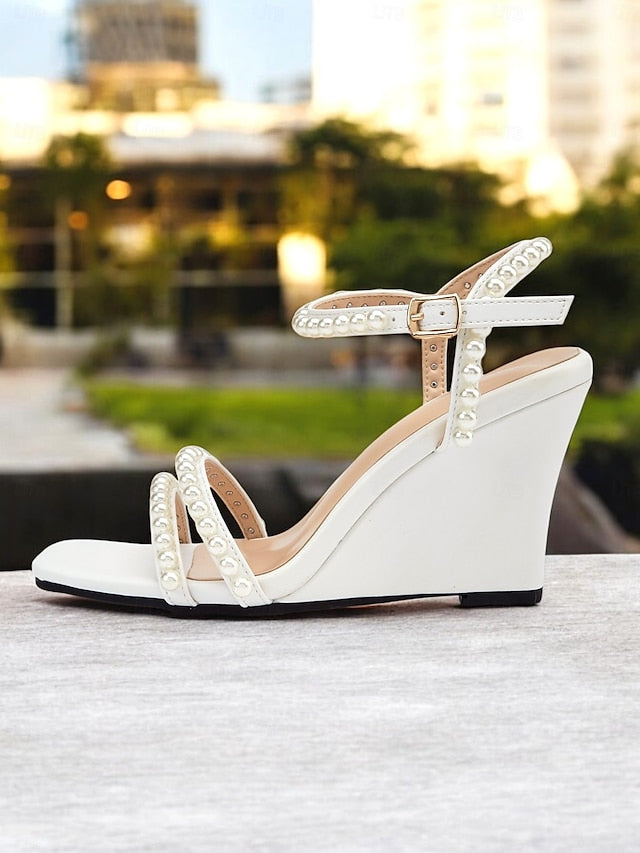 Heels Women's – Elegant Pearl-Embellished Open-Toe Wedge