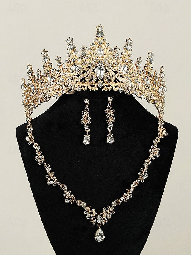 and Sparkling Diamond Set Crown Tiara Necklace – Gold-Plated