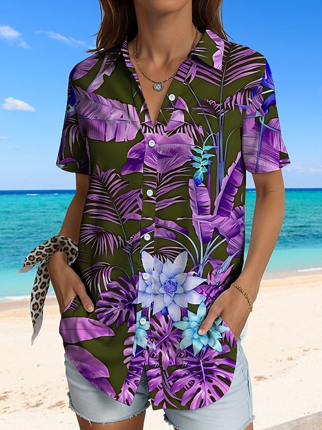 Women's Shirt Short Sleeve Button Down Blouse Graphic Leaf