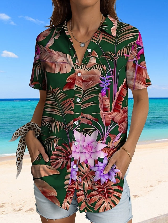 Women's Shirt Short Sleeve Button Down Blouse Graphic Leaf
