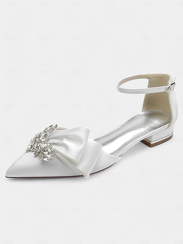and Bow with Satin Ankle White Pointed-Toe Rhinestone Heels