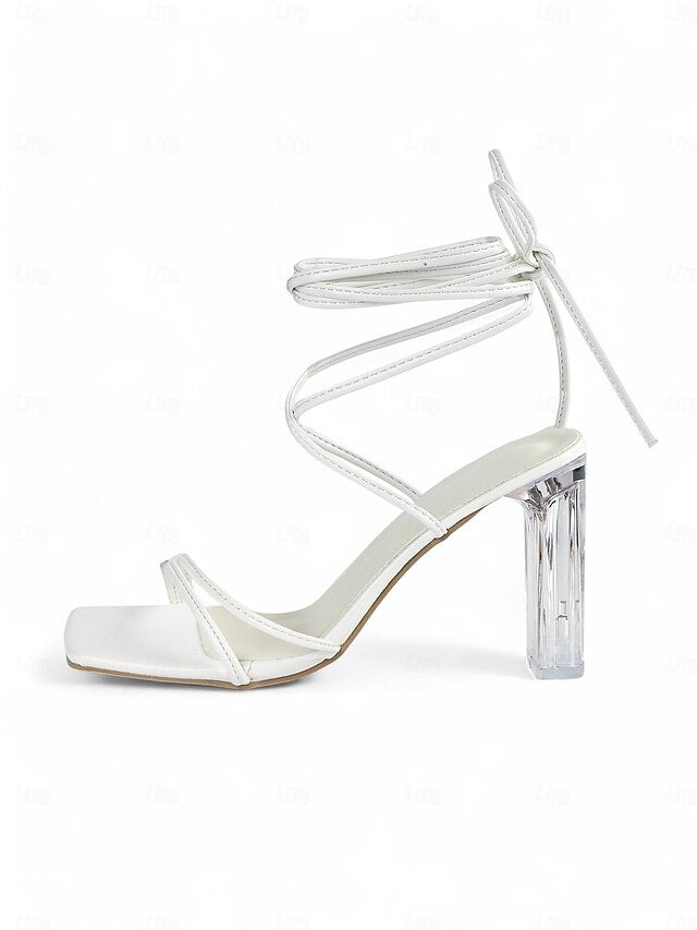 with Women's Clear Heel White Block Heels Lace-Up Strappy