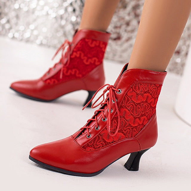 Embroidered Women's Boots with Panels Lace-Up Ankle White