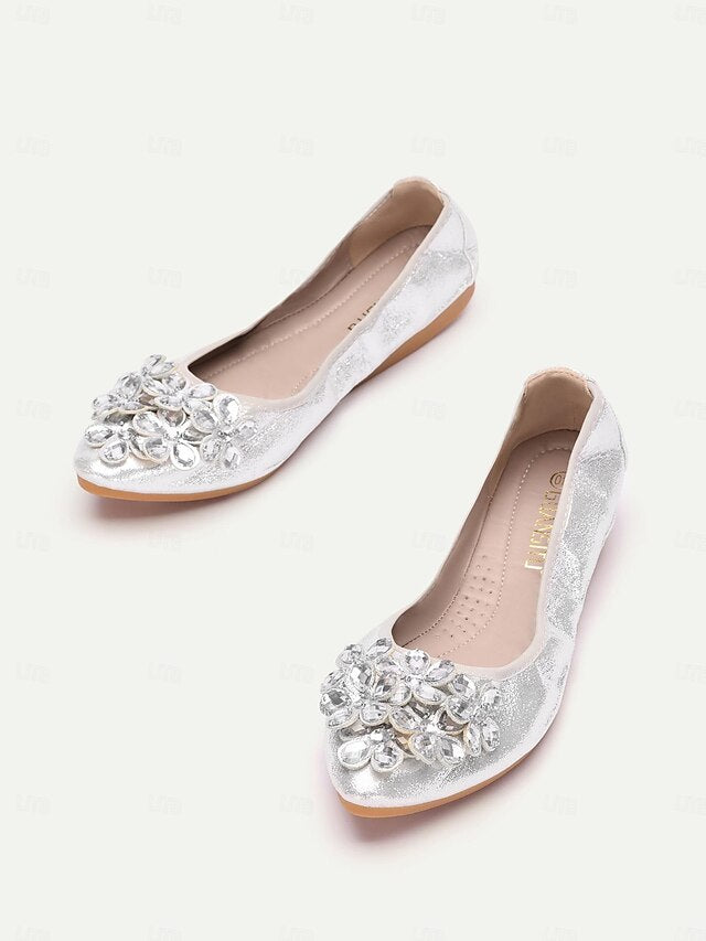 Foldable Women's Flats with Rhinestone Silver