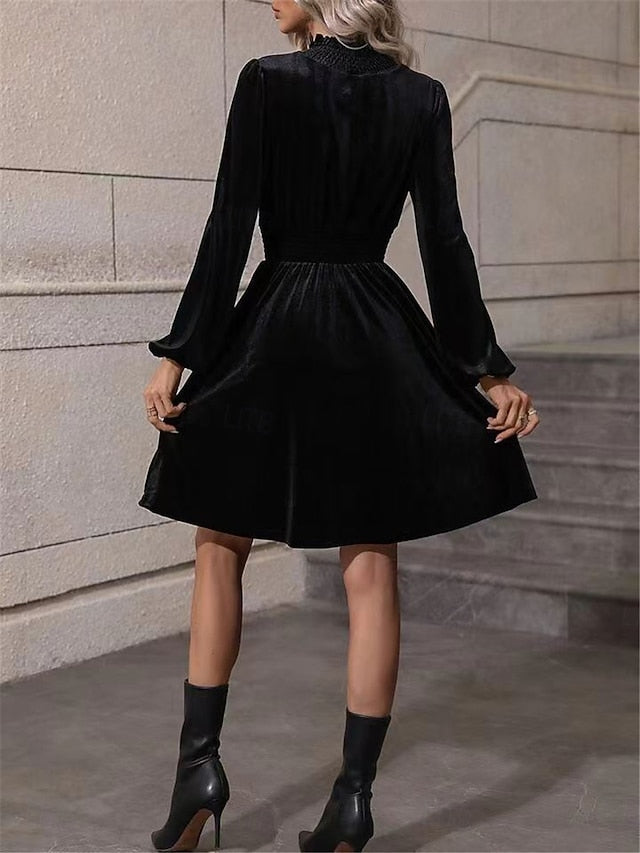 Women's Velvet Dress High Neck Long Sleeve Cinched