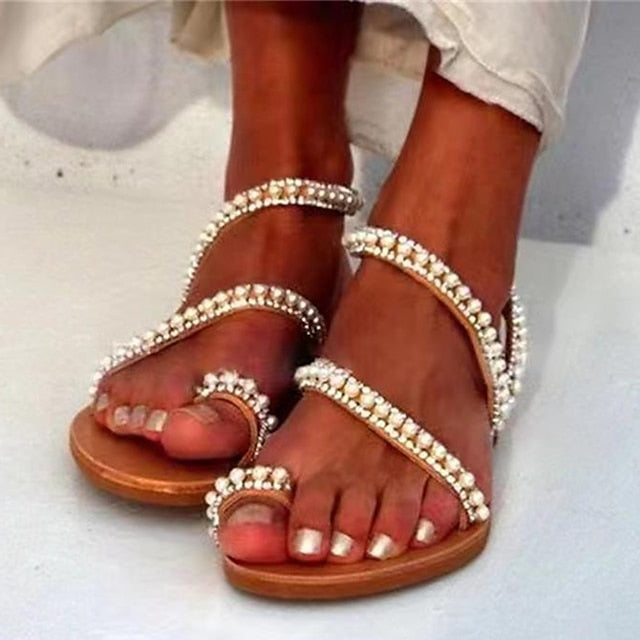 Sandals Flat Pearl-Embellished Strappy Elegant Women's –