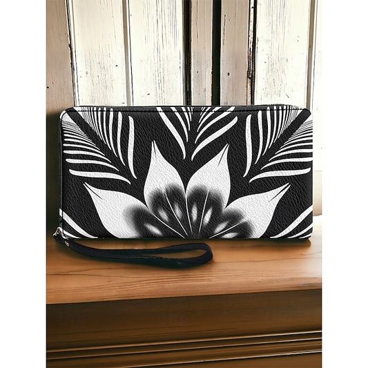 Floral Black Women's Wallet Faux White and Print –