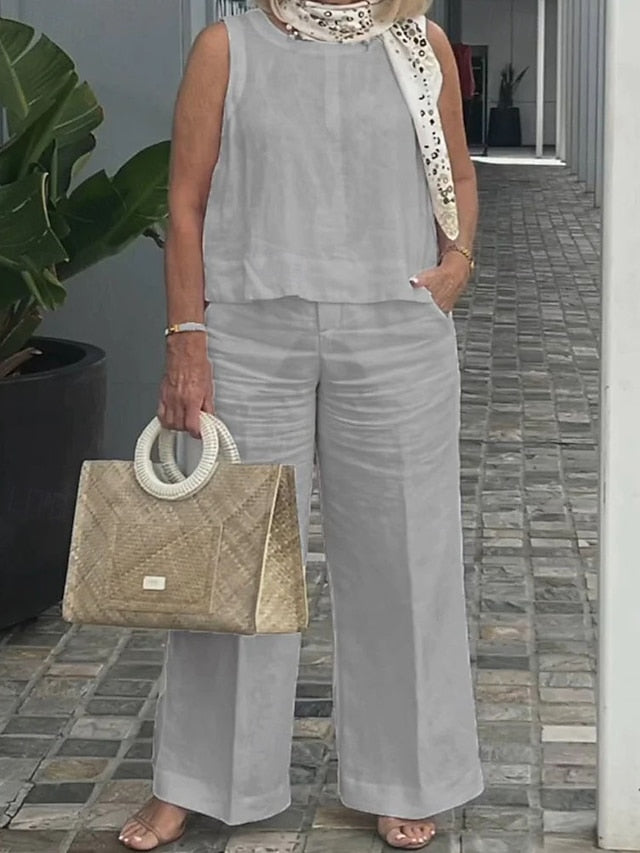 Women's Cotton Linen Sets Pants Sets Bolero Top Sleeveless