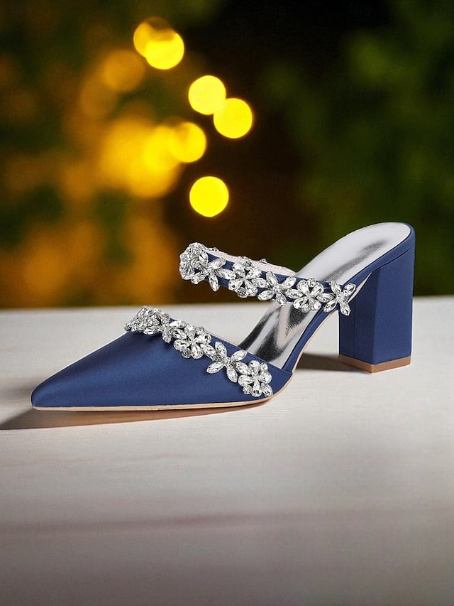 Women's Mules Rhinestone Floral Heel Black Block Satin with