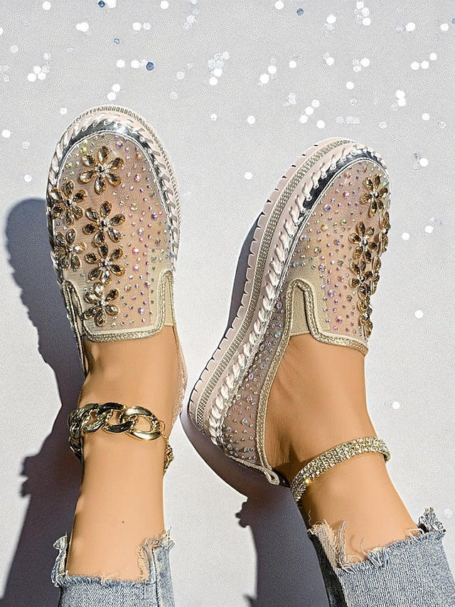 Rhinestone Sneakers with Mesh Women's Embellished Slip-On