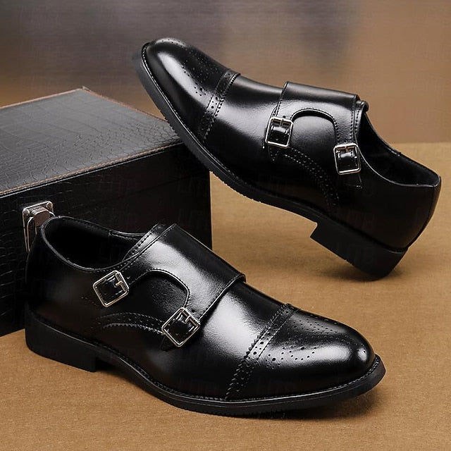 Men's Monk Leather with Strap Brown Faux Double Shoes