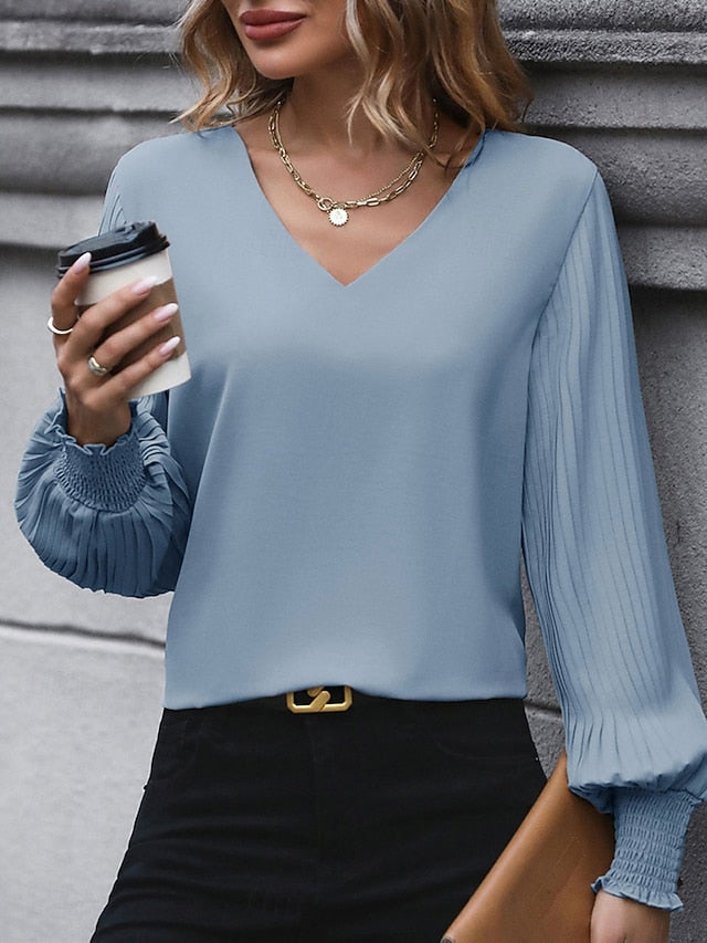 Women's Shirt Blouse Solid Color Basic Casual Long Sleeve V