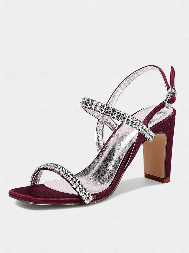 – Rhinestone Prom Women's Heel Sandals White Block Bridal