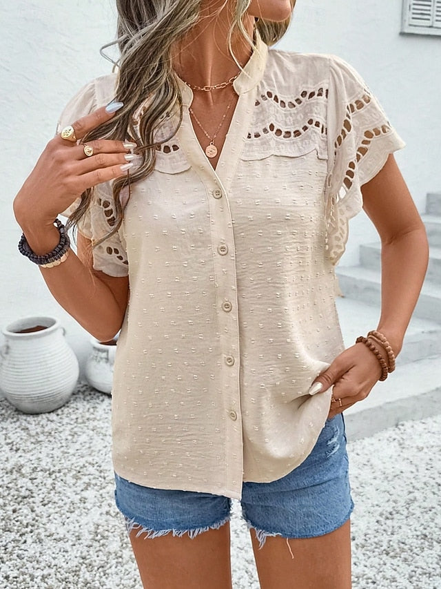 Women's Lace Shirt Lace Patchwork Buttons Solid Color