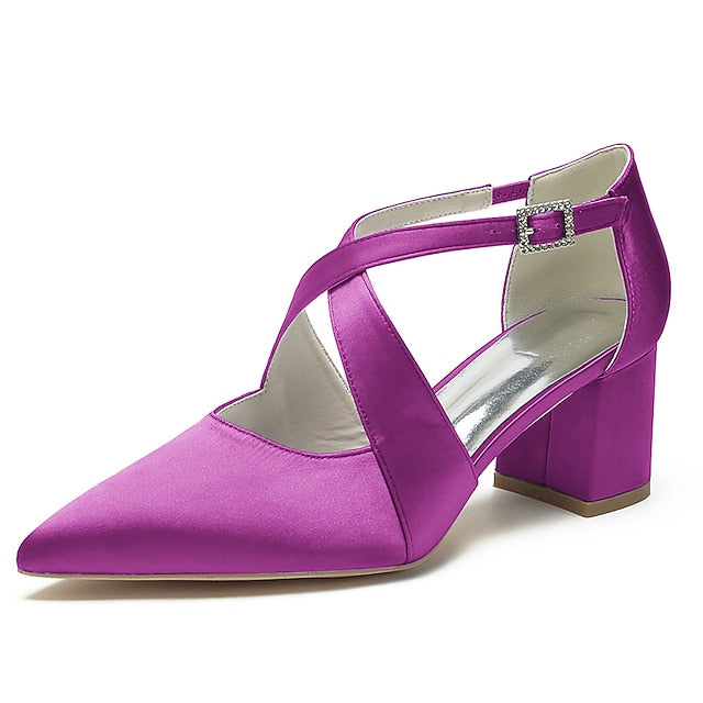 – Elegant White Block Pointed Heels Women's Satin Toe