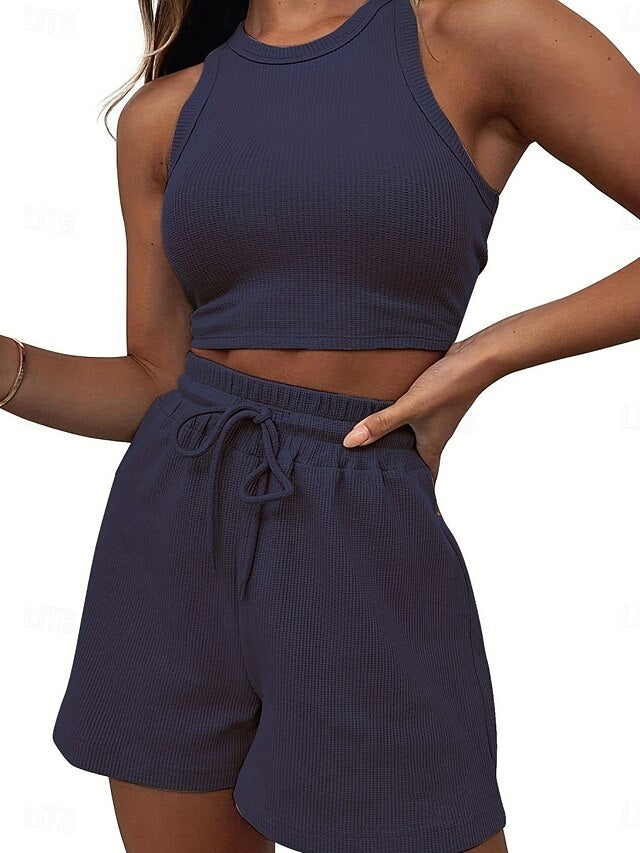 Women's Two Piece Sets Tank Top Shorts Sets Sleeveless Crew