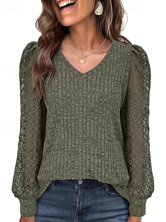 Women's T Shirt Lace Splicing Top Lace Patchwork Solid