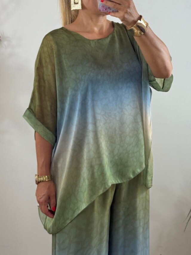 Women's Pants Sets 3/4 Length Sleeve Crew Neck Gradient