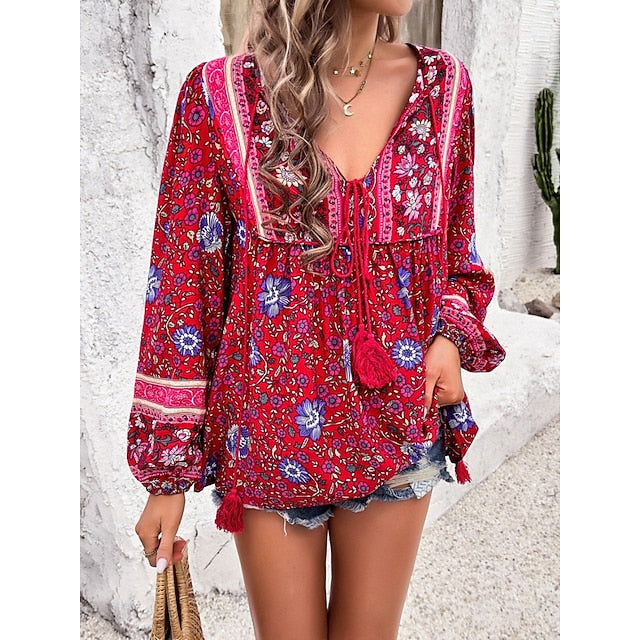 Women's Shirt Blouse Lace up Print Floral Bohemia Ethnic