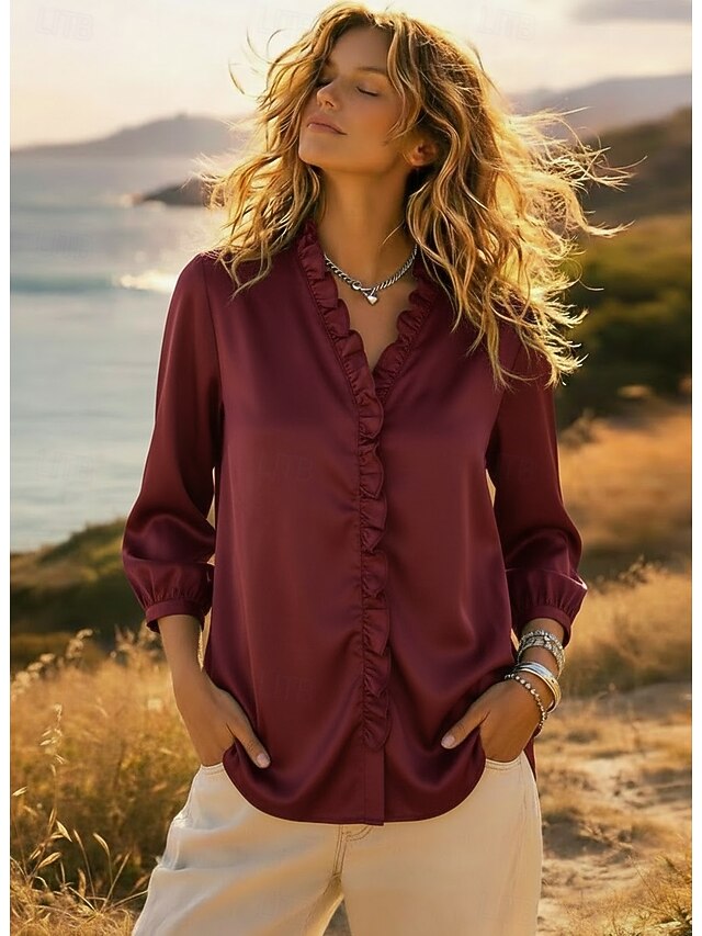 Women's Shirt Blouse Ruffle Patchwork Plain Stylish Classic