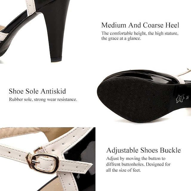 with Black White High Patent Women's Heels Leather T-Strap