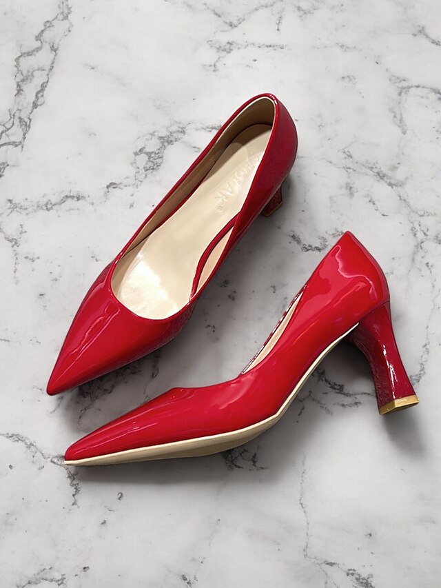 Pointed-Toe Heel Block Leather Patent Pumps Green Faux Glossy