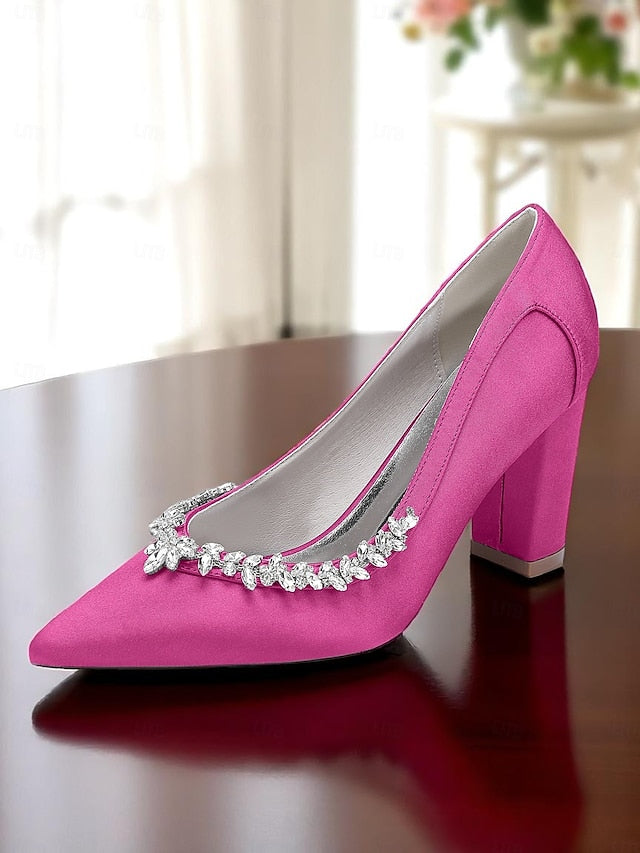 Block Heel Pumps Wedding Pink Satin Women's