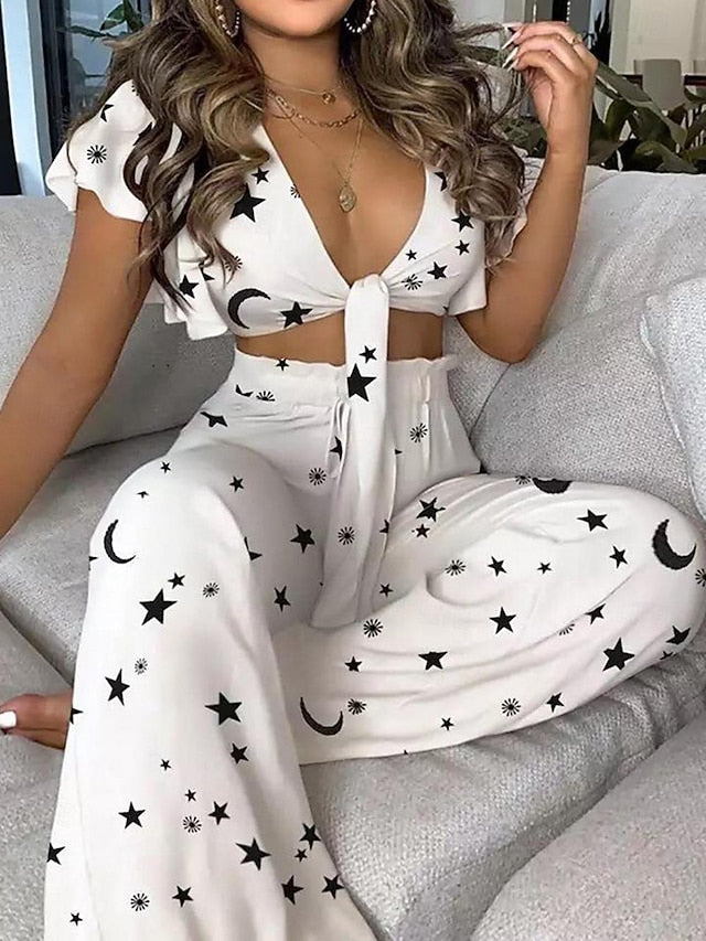 Women's Crop Top Pants Sets Pants Trousers Short Sleeve V