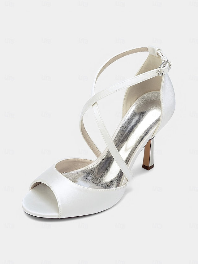 White Cross-Strap Heels – Satin Peep-Toe Women's Elegant