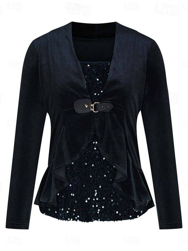 Women's Blouse Sequins Patchwork Peplum Solid Color Stylish