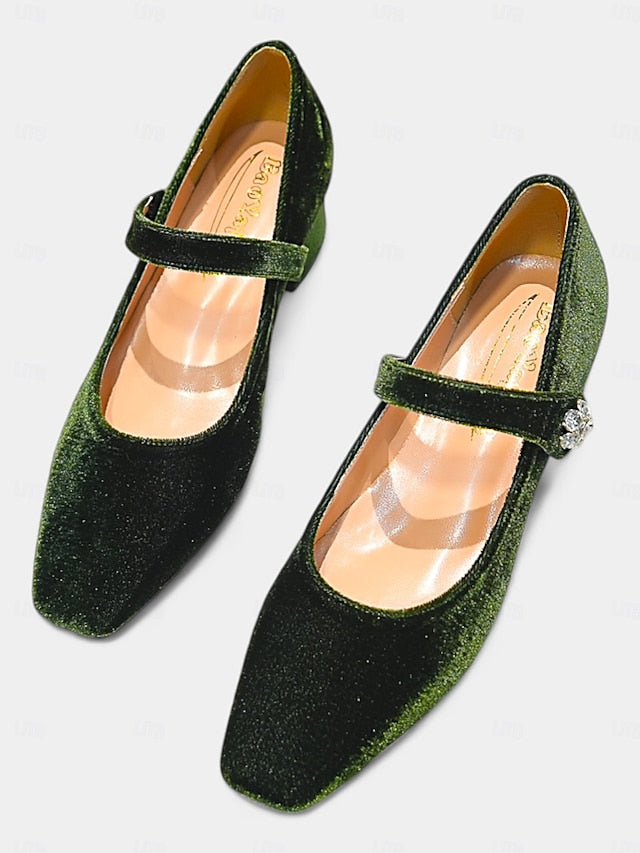 Jane Block Velvet Mary Green Square Women's - Toe Pumps