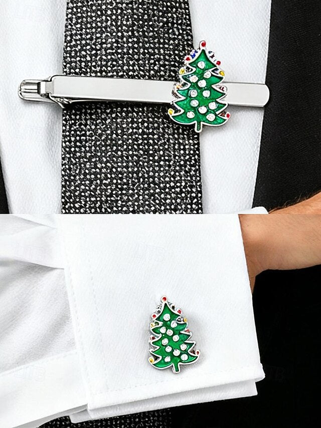 Tie Men's Christmas Set Festive - Cufflinks Tree and Clip