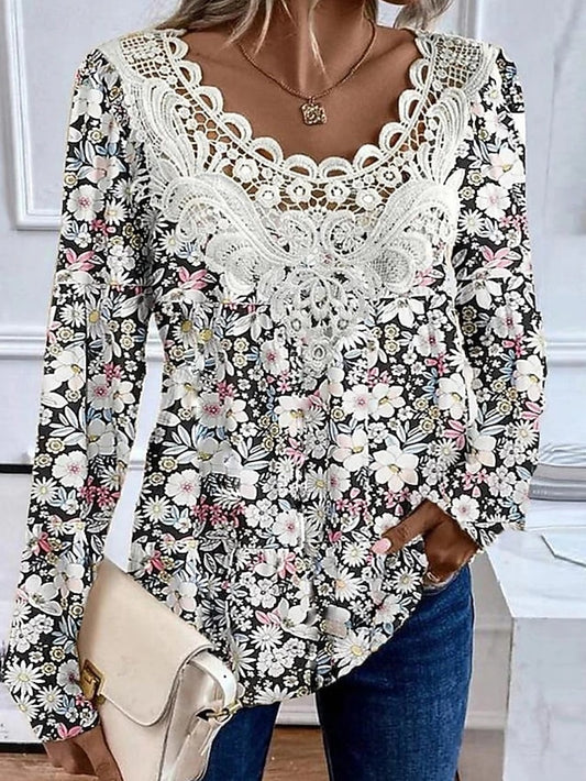 Women's Blouse Lace Patchwork Print Floral Marble Stylish
