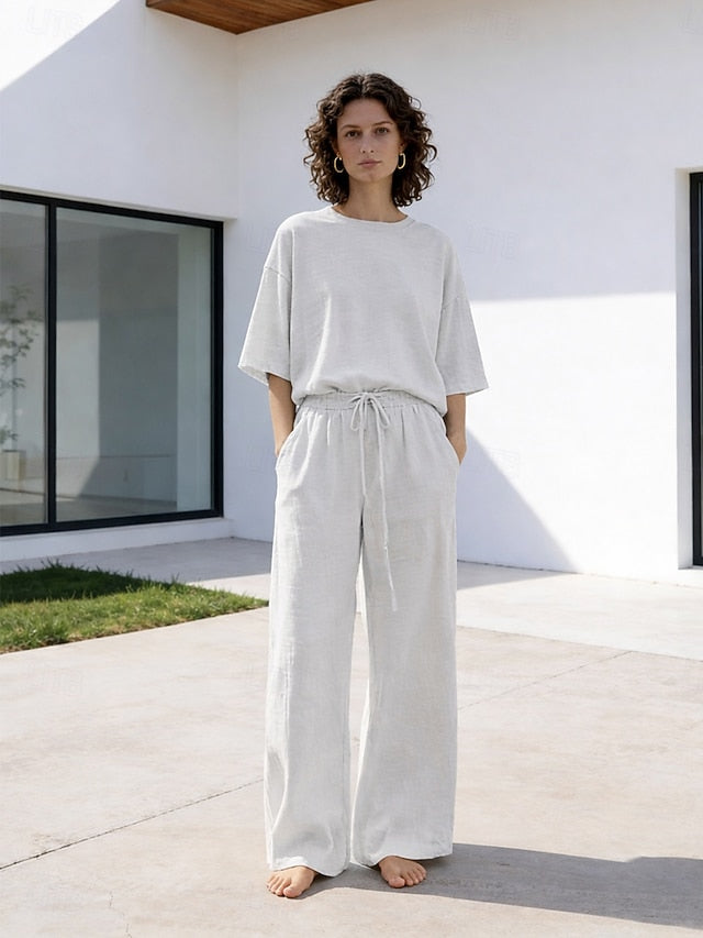 15% Linen Women's Pants Sets Linen Sets Basic Pure Color