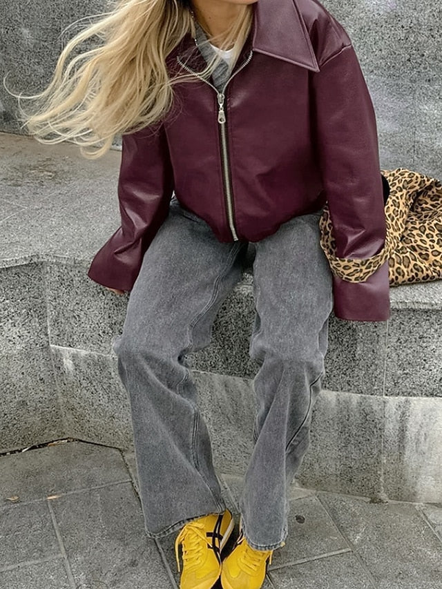 Comfortable Jacket Zipper Women's Faux Warm Pocket Leather