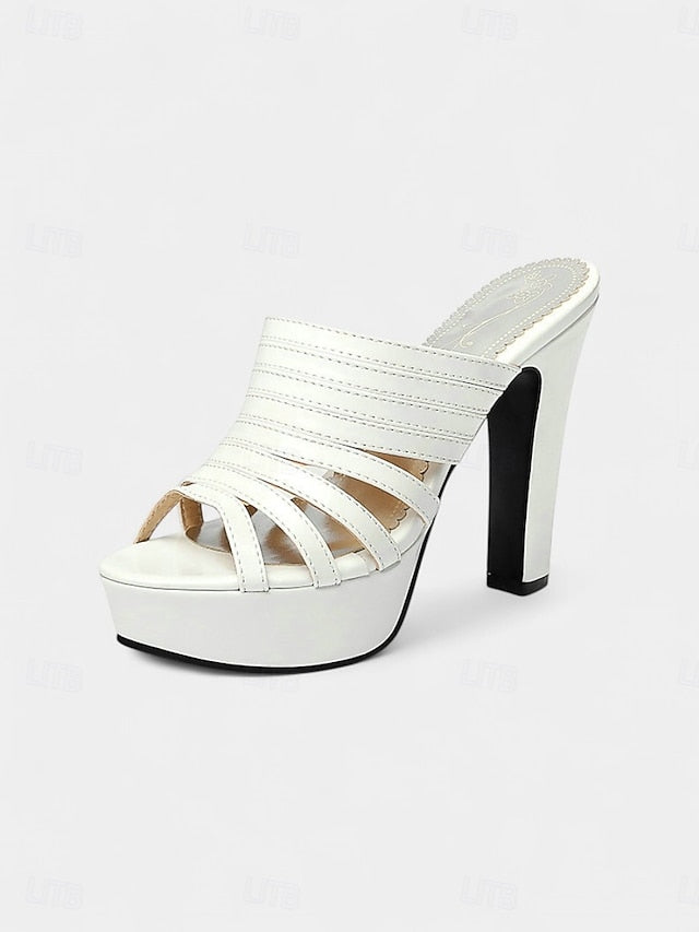 Mule Heels Strappy Open-Toe Platform - Women's White