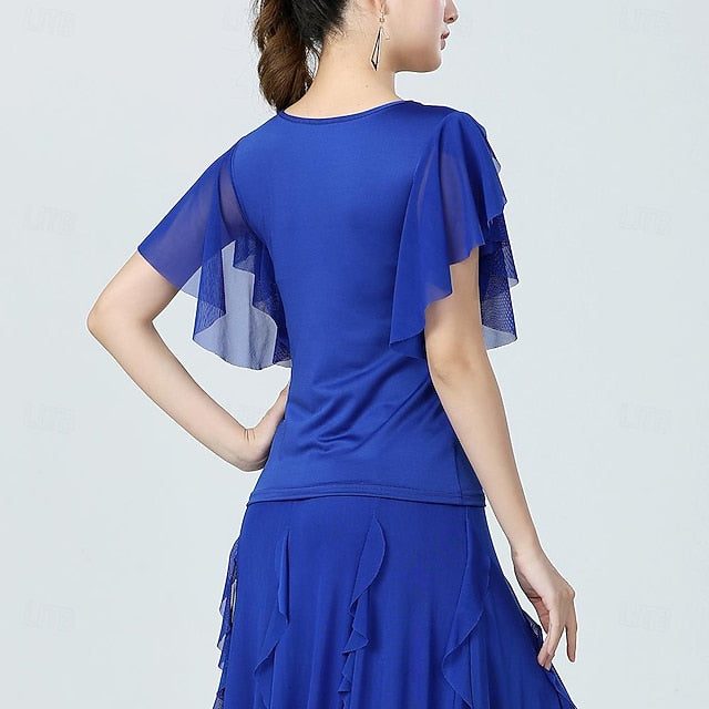 Latin Dance Ballroom Dance Top Pure Color Splicing Tulle